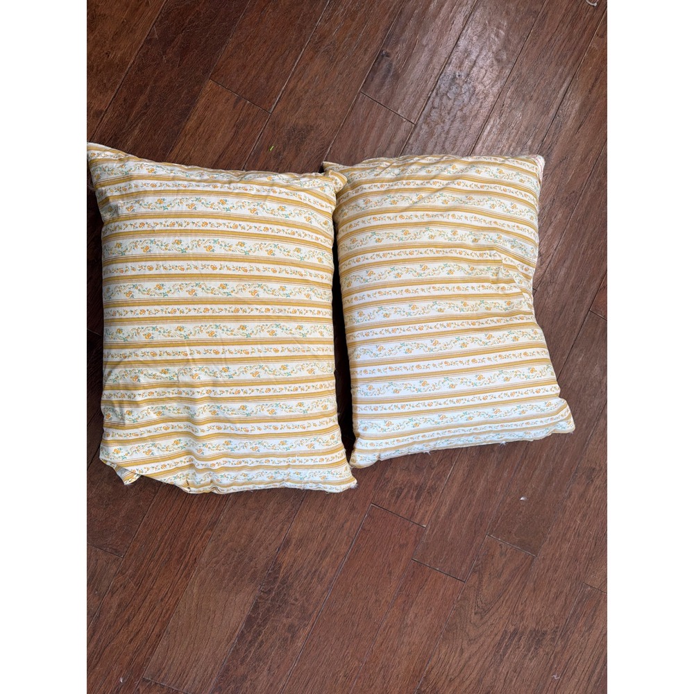 Vintage Harris BluPrint Floral Stripe Pillow Ticking Set of 2 Yellow Cotton